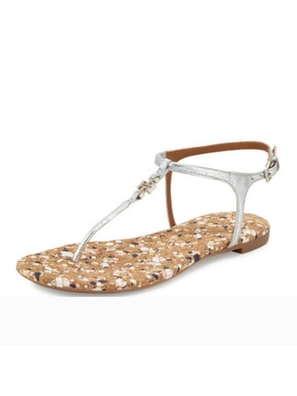 Tory Burch Marion Confetti T-Strap Metallic Silver Thong Sandals Cork Footbed